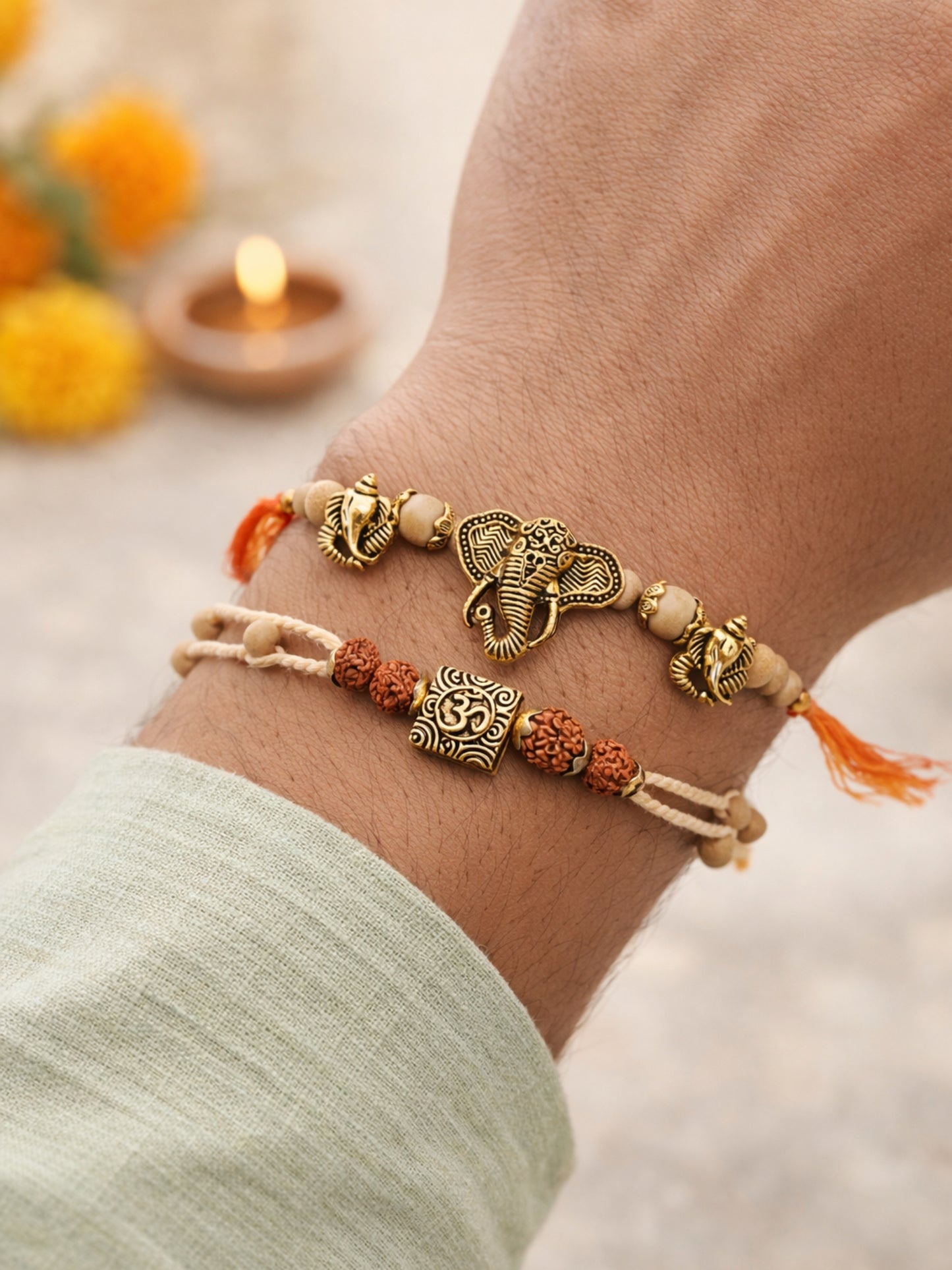 (Set of 2) Lord Ganesha Om Bracelet Rakhi for Bhai Bro