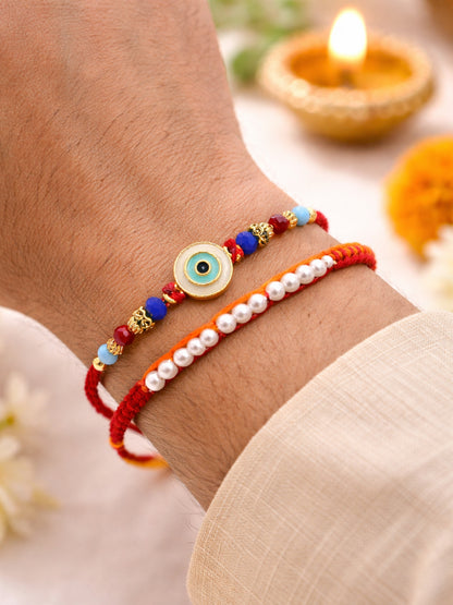 (Set of 2) Evil Eye Pearl Bracelet Rakhi Bhai Bhaiya Bro