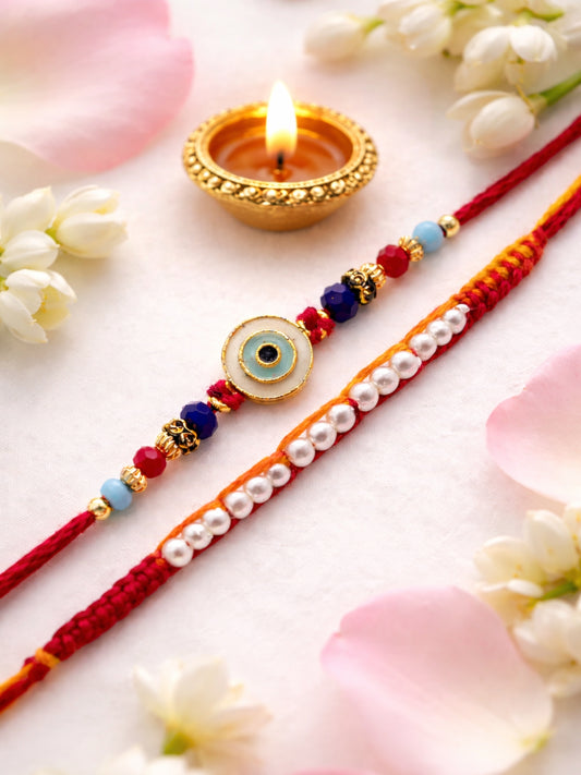 (Set of 2) Evil Eye Pearl Bracelet Rakhi Bhai Bhaiya Bro