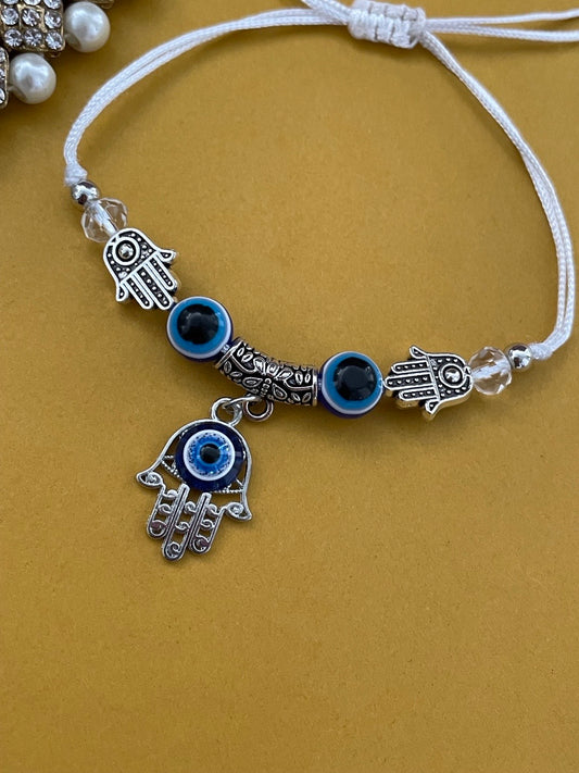 Silver Plated Hamsa & Blue Evil Eye Rakhi Bracelet for Raksha Bandhan