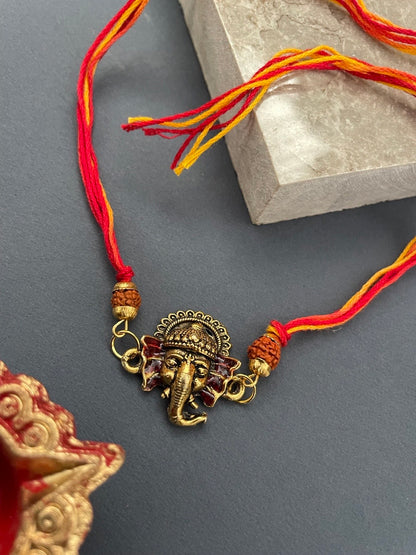 Gold Plated Lord Ganesha & Rudraksha Rakhi Bracelet for Raksha Bandhan