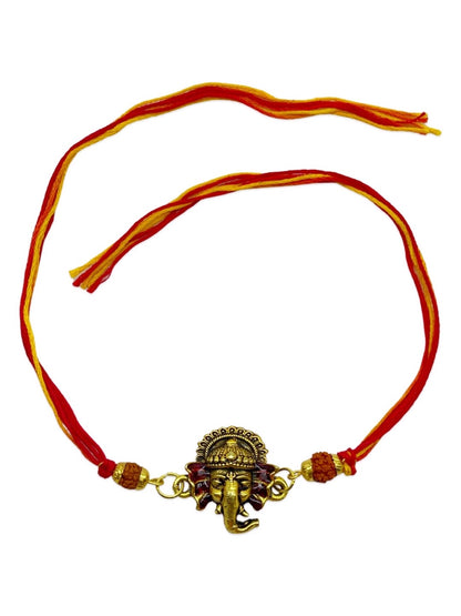 Gold Plated Lord Ganesha & Rudraksha Rakhi Bracelet for Raksha Bandhan
