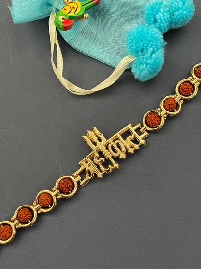 Rakhi Bracelet Gold Plated Mahakal Pendant With Rudraksha & Trishul
