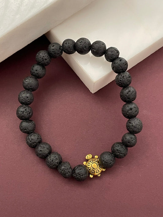Rakhi Bracelet Gold Plated Tortoise Charm Link Chain & Lava Stone