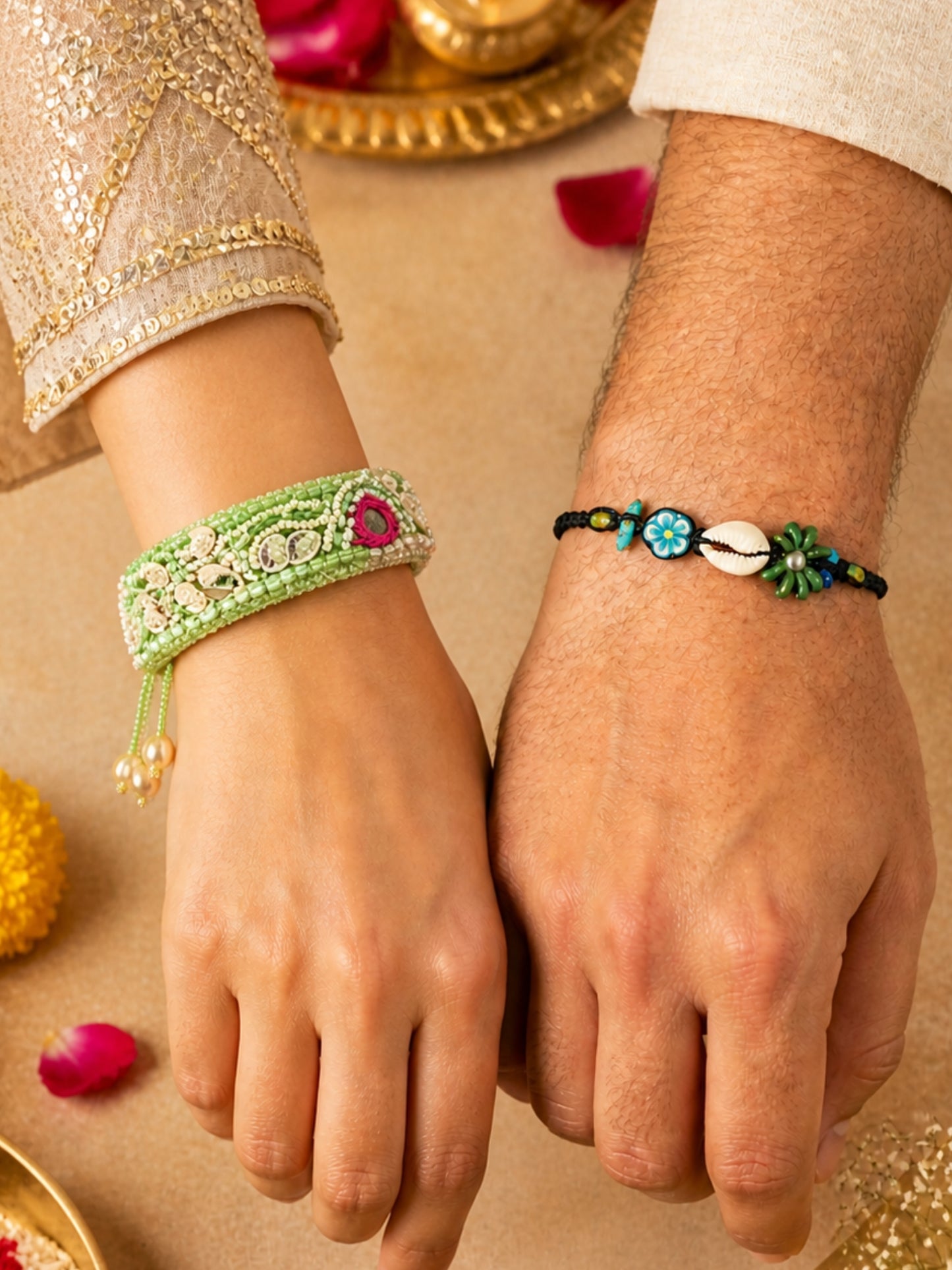(Set of 2) Pastel Pearl Floral Shell Lumba Rakhi Bhaiya Bhabhi