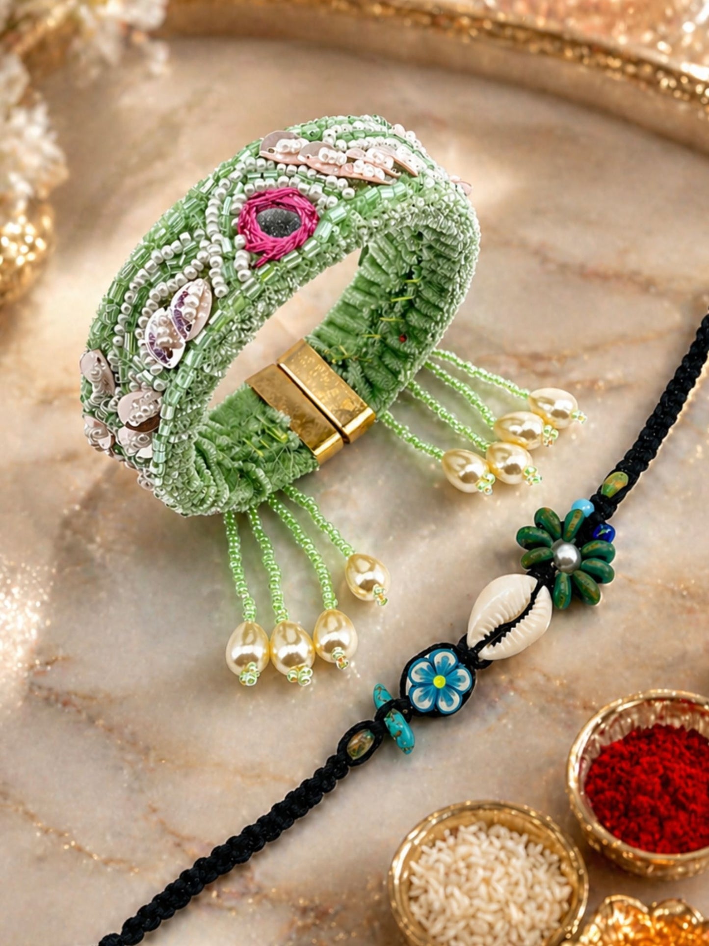 (Set of 2) Pastel Pearl Floral Shell Lumba Rakhi Bhaiya Bhabhi