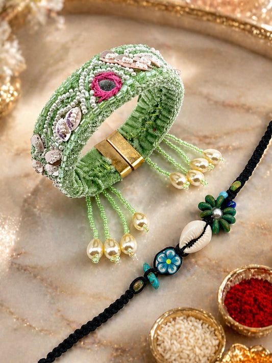 (Set of 2) Pastel Pearl Floral Shell Lumba Rakhi Bhaiya Bhabhi