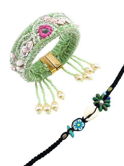 (Set of 2) Pastel Pearl Floral Shell Lumba Rakhi Bhaiya Bhabhi