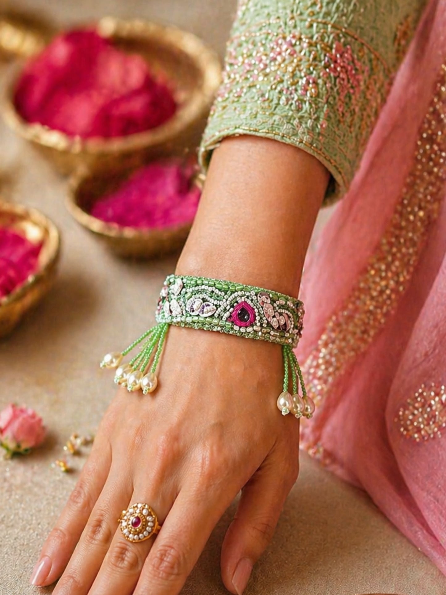 (Set of 2) Pastel Pearl Floral Shell Lumba Rakhi Bhaiya Bhabhi