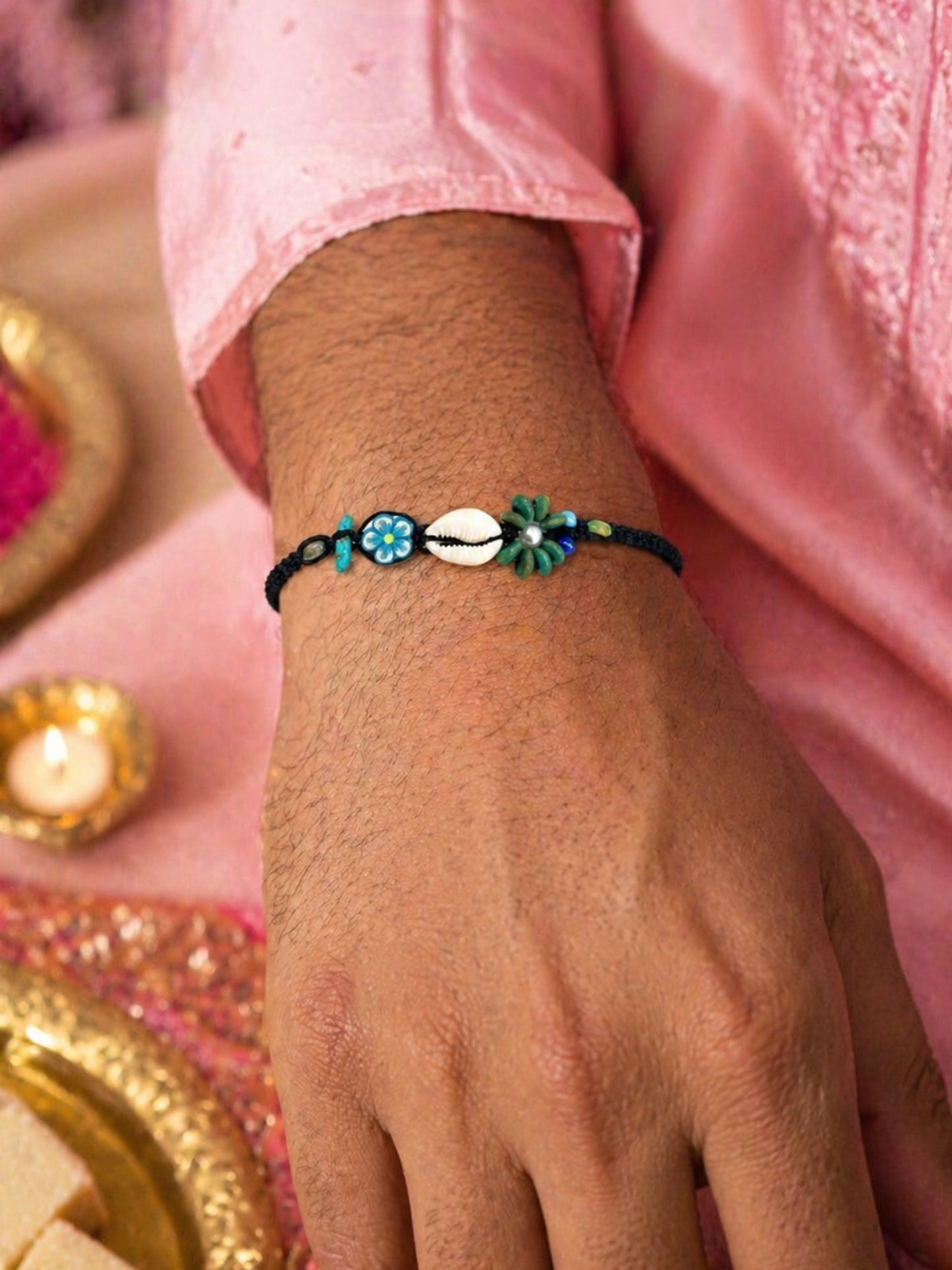 (Set of 2) Pastel Pearl Floral Shell Lumba Rakhi Bhaiya Bhabhi