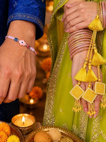 (Set of 2) Yellow Tassel Evil Eye Lumba Rakhi Bhaiya Bhabhi