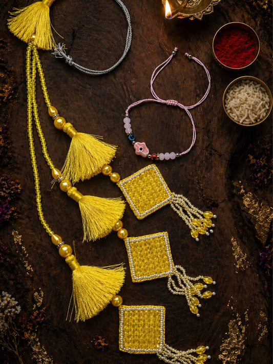 (Set of 2) Yellow Tassel Evil Eye Lumba Rakhi Bhaiya Bhabhi