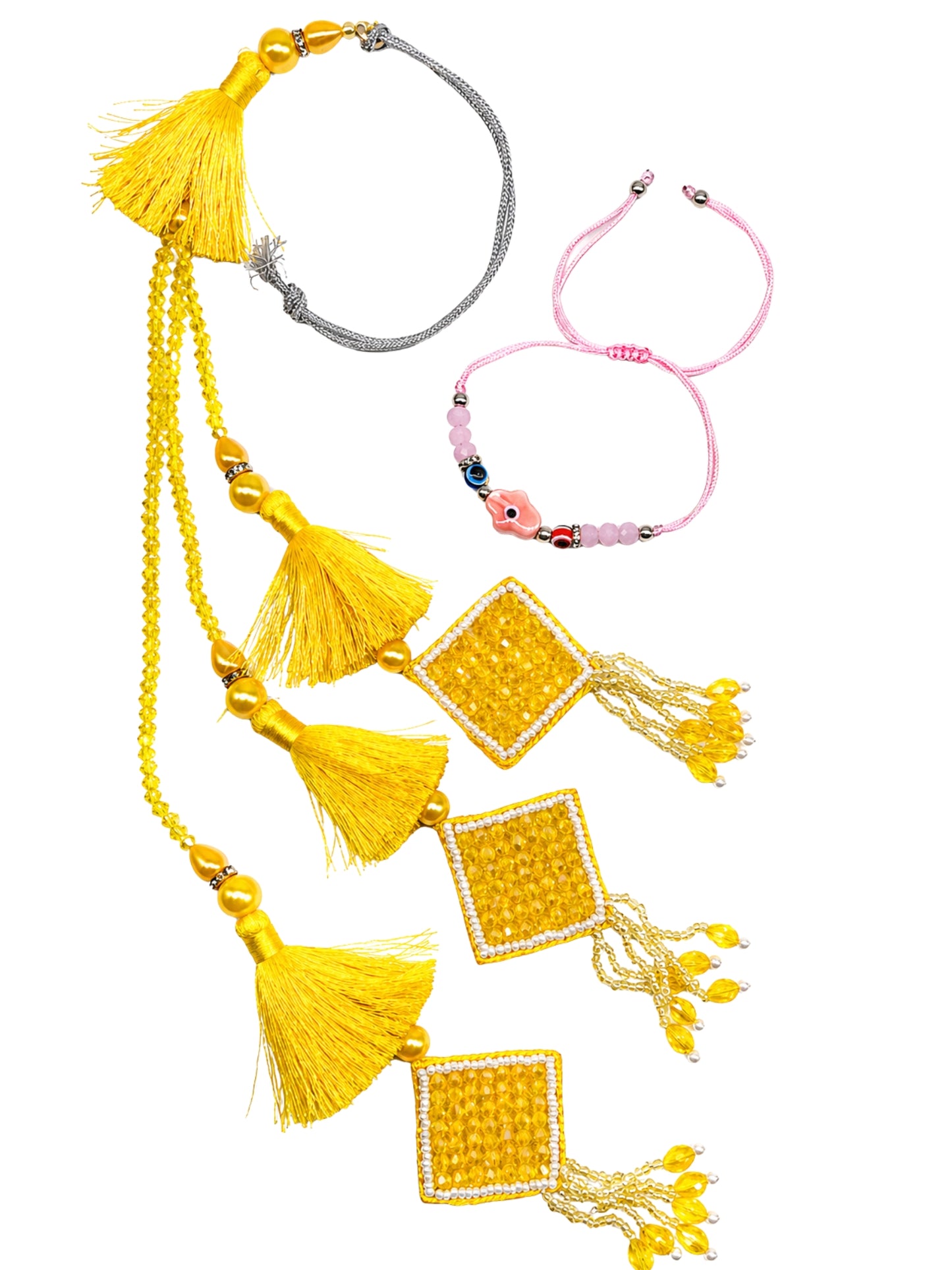 (Set of 2) Yellow Tassel Evil Eye Lumba Rakhi Bhaiya Bhabhi