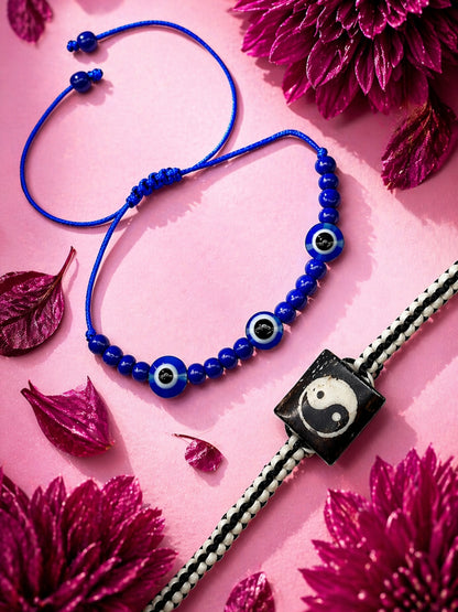 (Set of 2) Evil Eye Yin Yang Charm Bracelet Rakhi For Bhai Bro