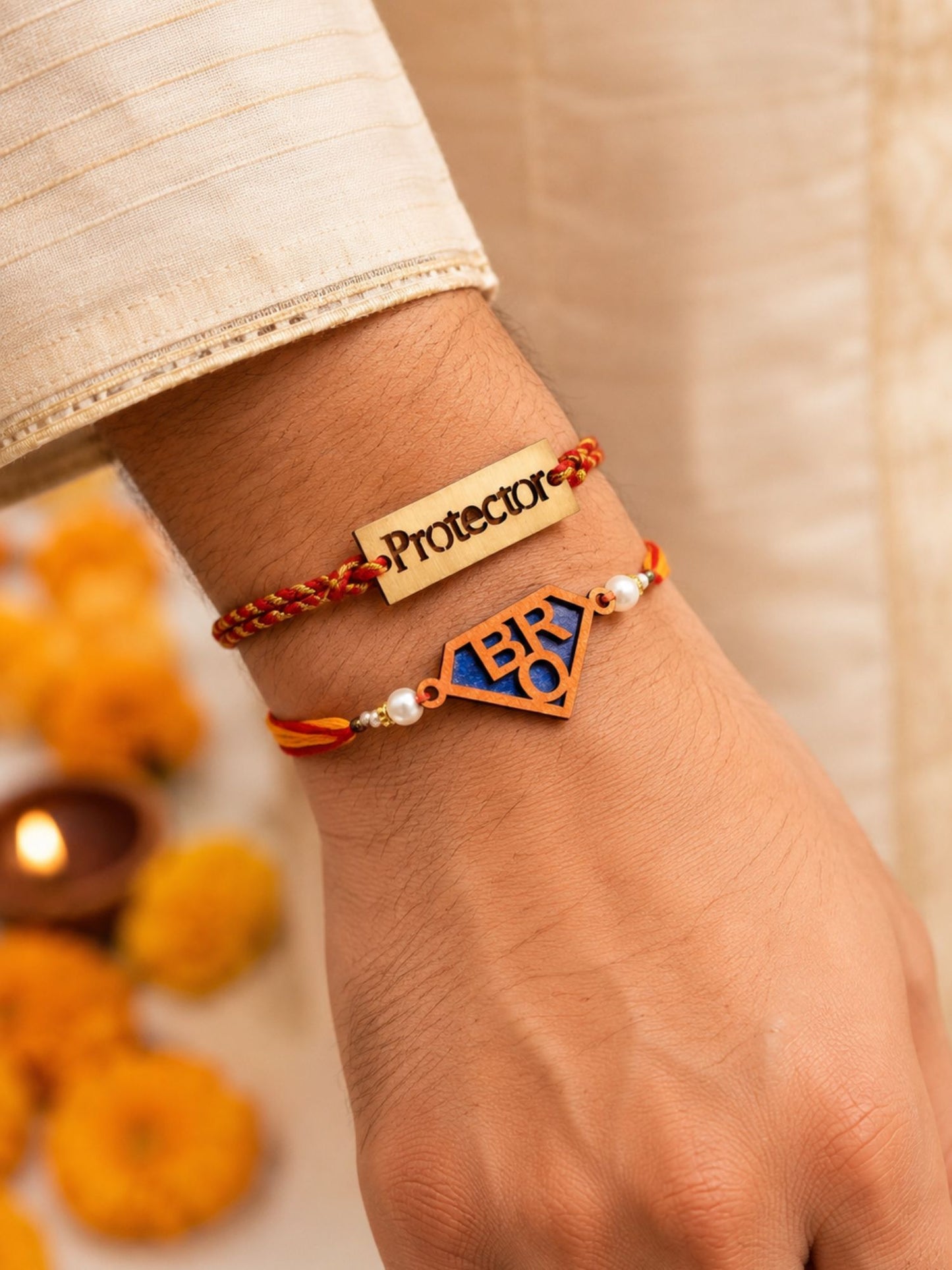 (Set of 2) Protector & BRO Wooden Thread Rakhi Set for Brother