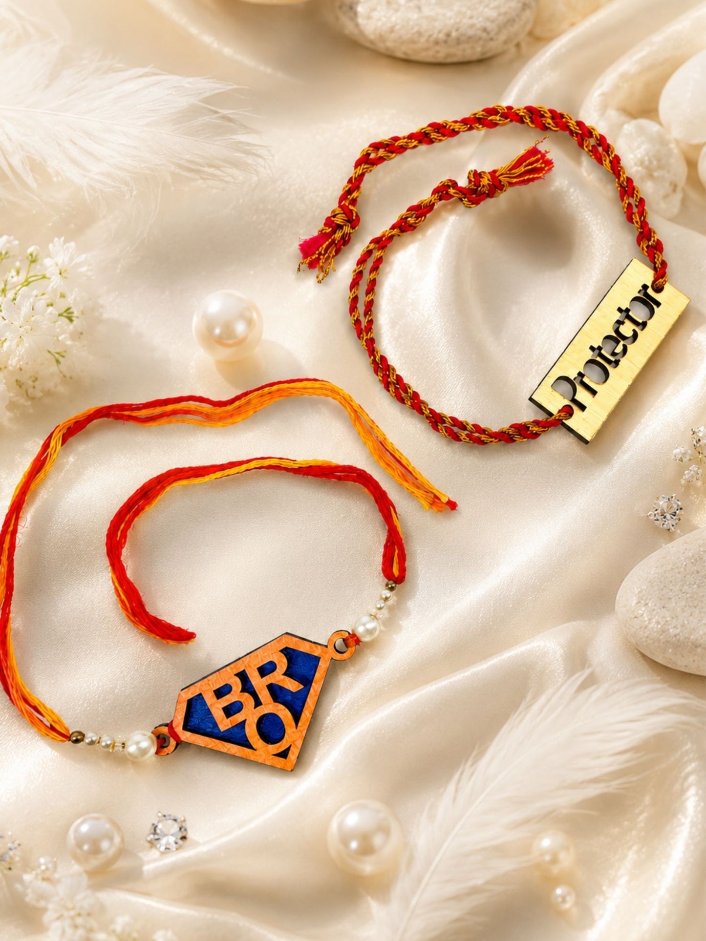 (Set of 2) Protector & BRO Wooden Thread Rakhi Set for Brother