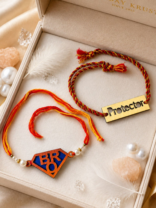 (Set of 2) Protector & BRO Wooden Thread Rakhi Set for Brother