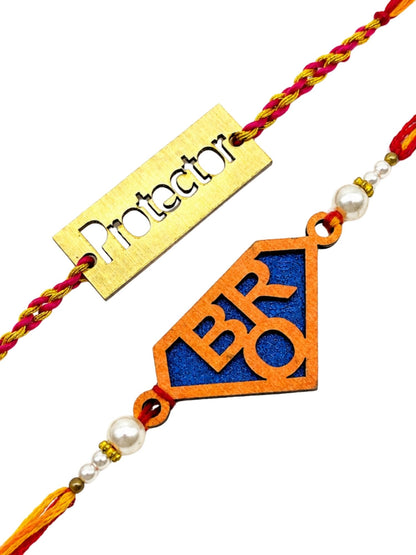 (Set of 2) Protector & BRO Wooden Thread Rakhi Set for Brother