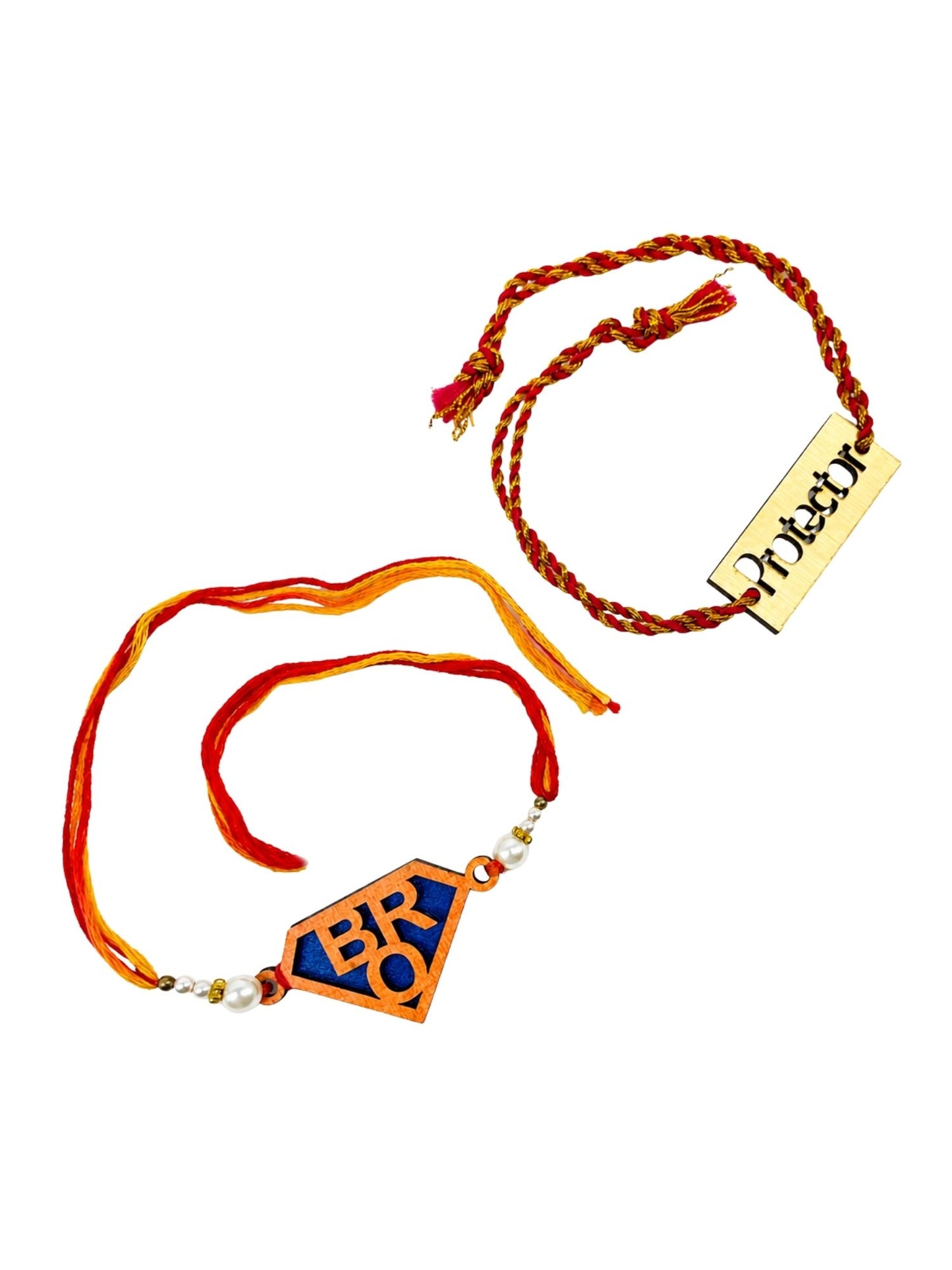 (Set of 2) Protector & BRO Wooden Thread Rakhi Set for Brother