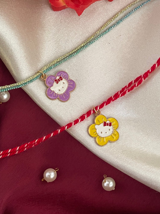 (Set of 2) Purple Yellow Flower Cat Charm Rakhi Lumba