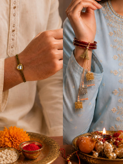 (Set of 2) Peach Pearl Tassel Kundan Lumba Rakhi Bhaiya Bhabhi
