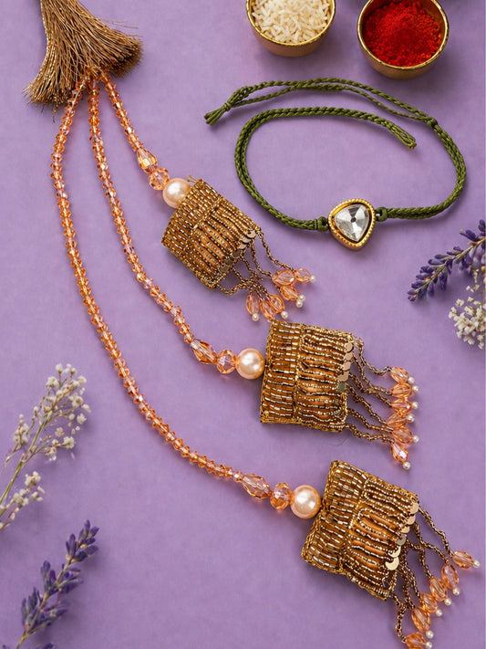 (Set of 2) Peach Pearl Tassel Kundan Lumba Rakhi Bhaiya Bhabhi