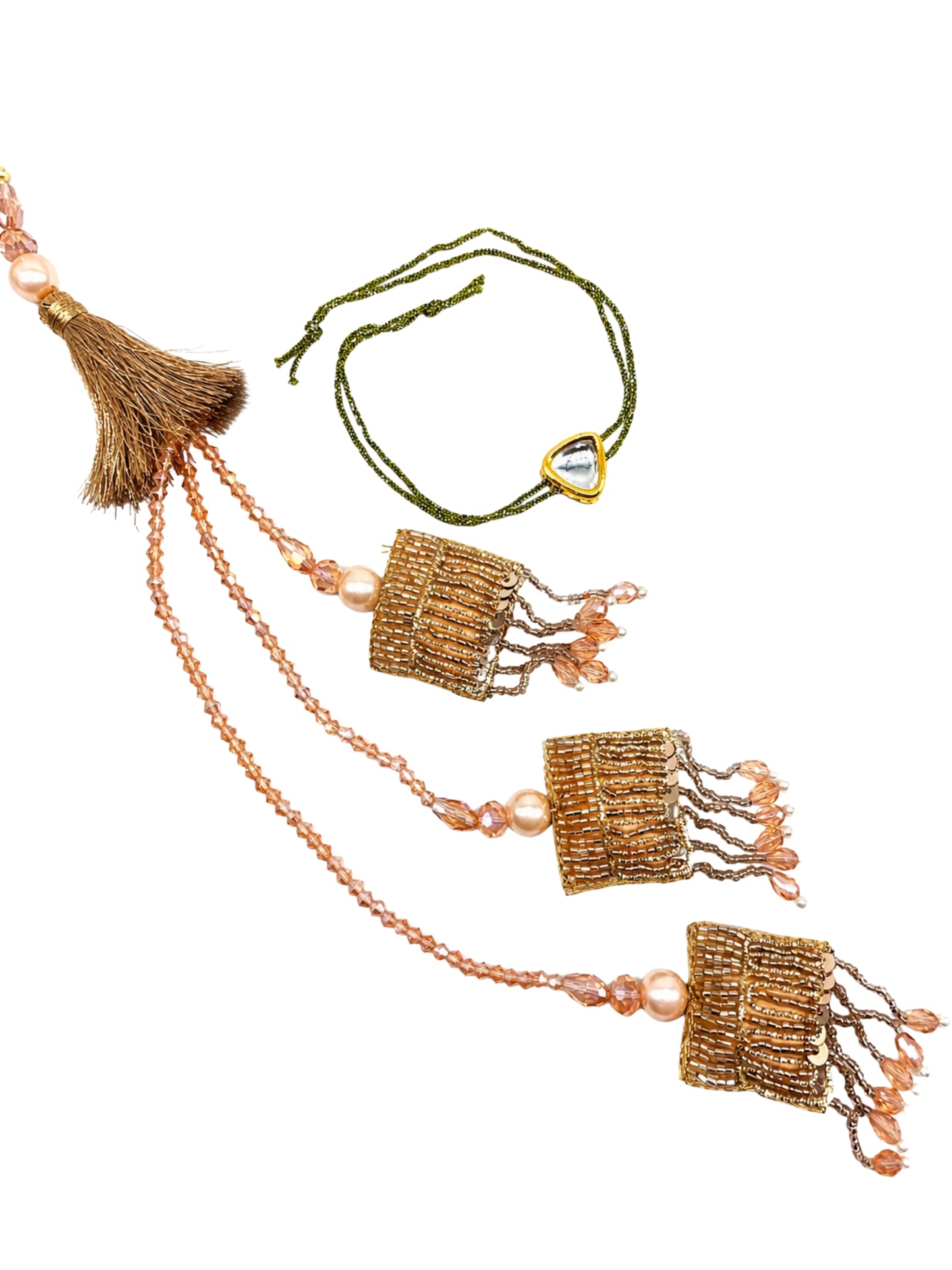 (Set of 2) Peach Pearl Tassel Kundan Lumba Rakhi Bhaiya Bhabhi