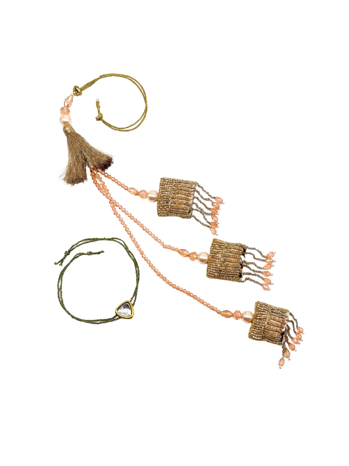 (Set of 2) Peach Pearl Tassel Kundan Lumba Rakhi Bhaiya Bhabhi