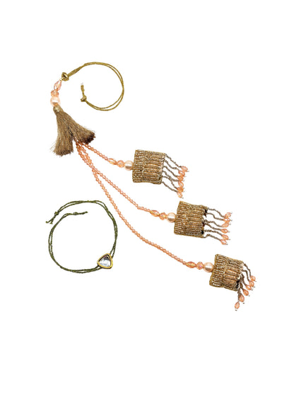 (Set of 2) Peach Pearl Tassel Kundan Lumba Rakhi Bhaiya Bhabhi