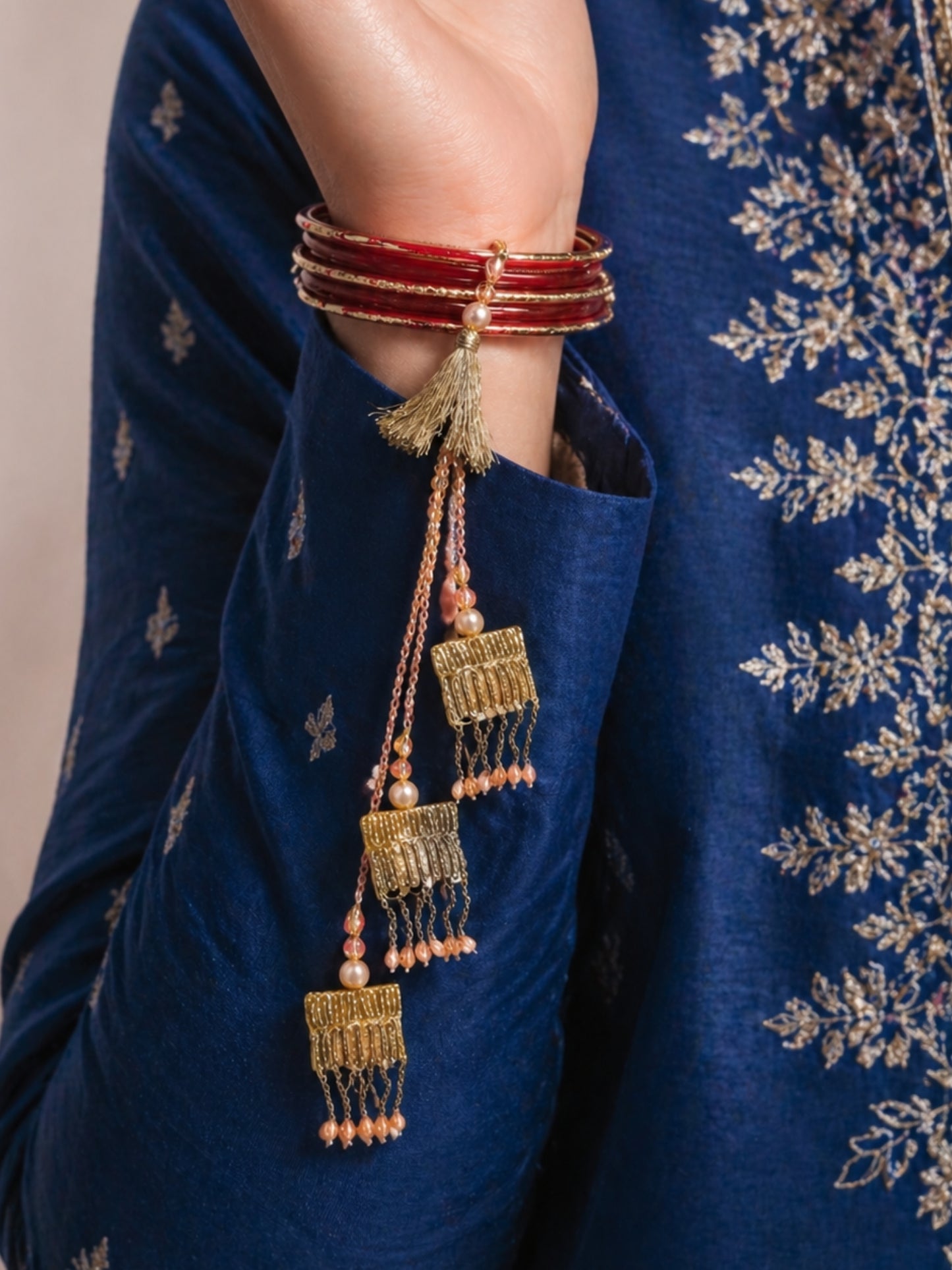(Set of 2) Peach Pearl Tassel Kundan Lumba Rakhi Bhaiya Bhabhi