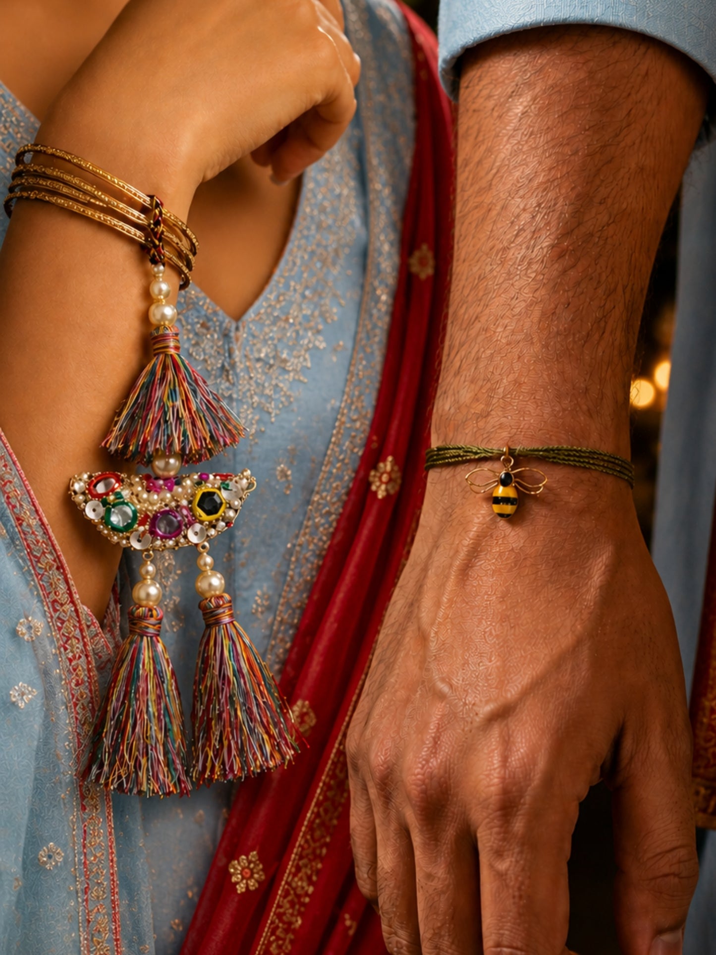 (Set of 2) Bee Charm Pearl Tassel Lumba Rakhi Bhaiya Bhabhi