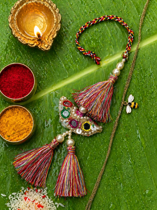 (Set of 2) Bee Charm Pearl Tassel Lumba Rakhi Bhaiya Bhabhi