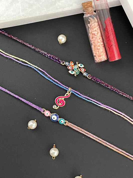 (Set of 3) Leaf/Evil Eye/Musical Note Charms Rakhi Lumba