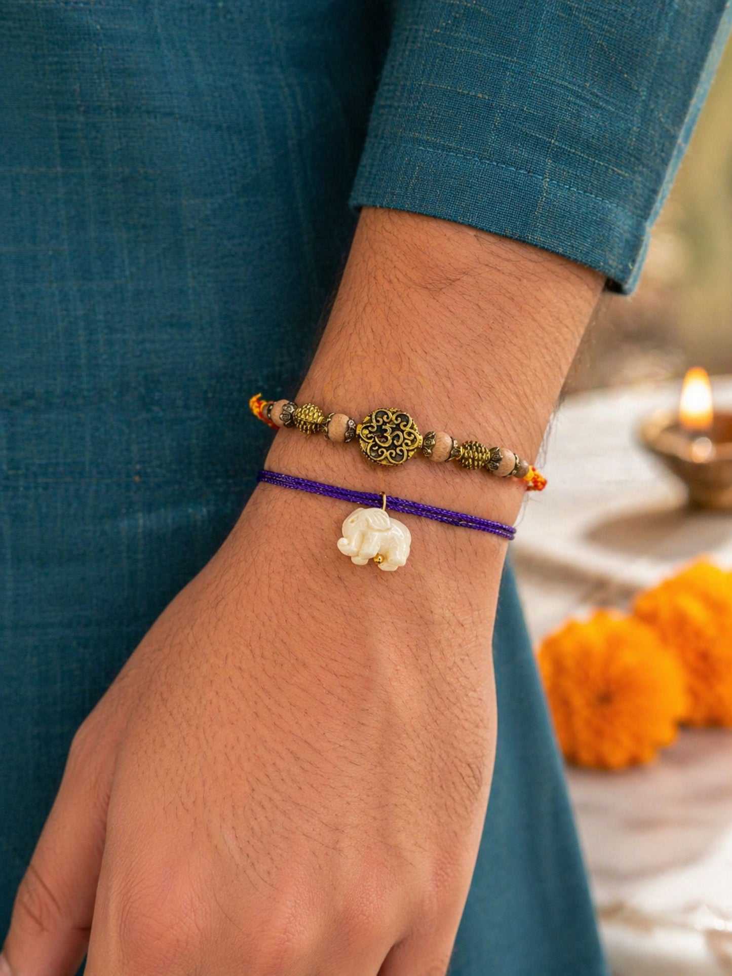 (Set of 2) Om White Elephant Rakhi Bracelet For Bhai Bro