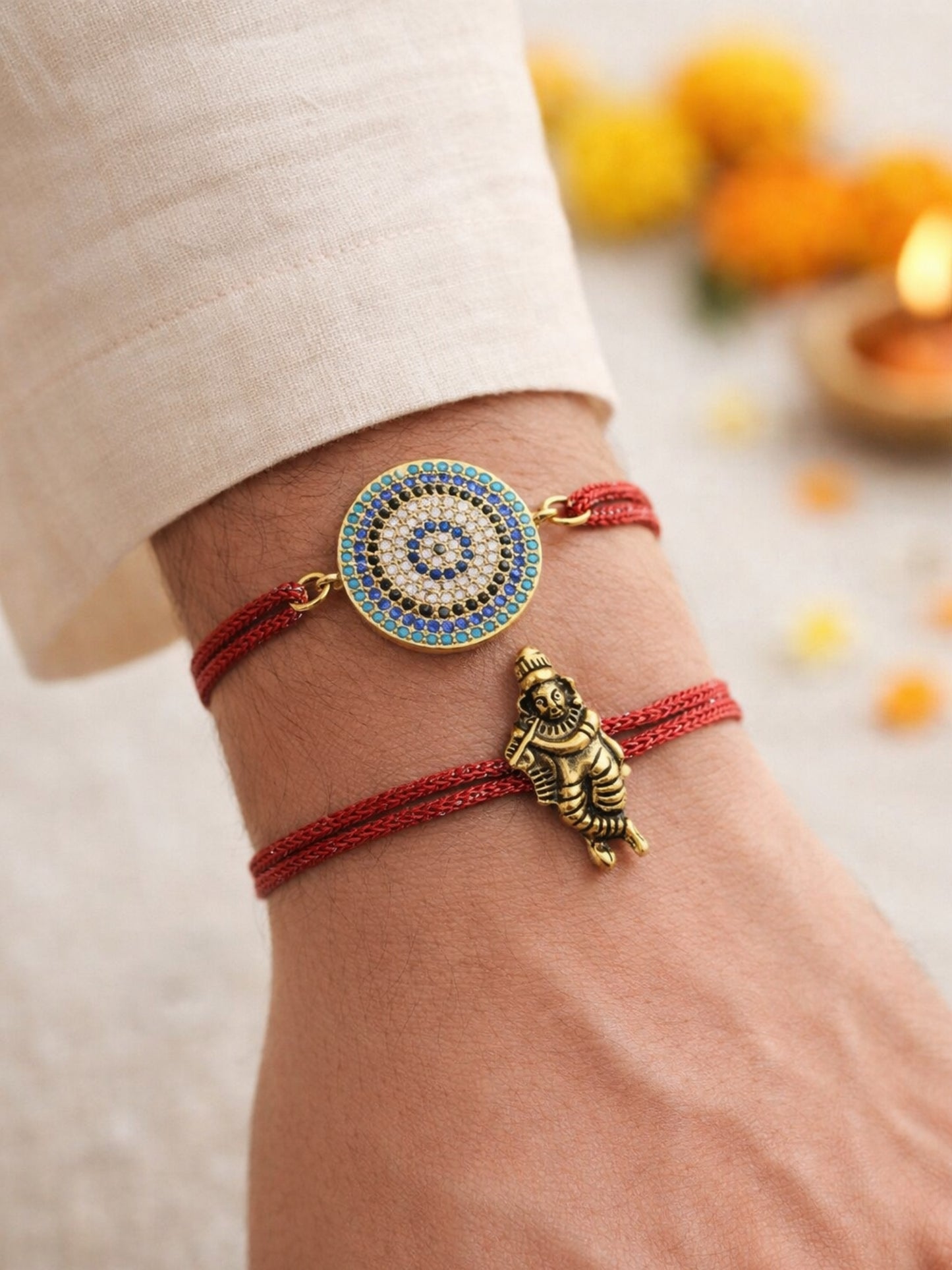 (Set of 2) Evil Eye Lord Krishna Bracelet Rakhi Bhai Bhaiya Bro