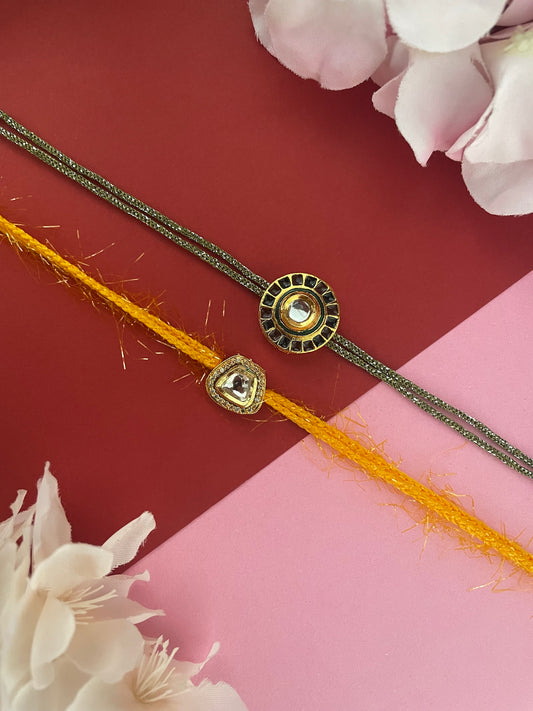 (Set of 2) Kundan Square Round Rakhi Lumba