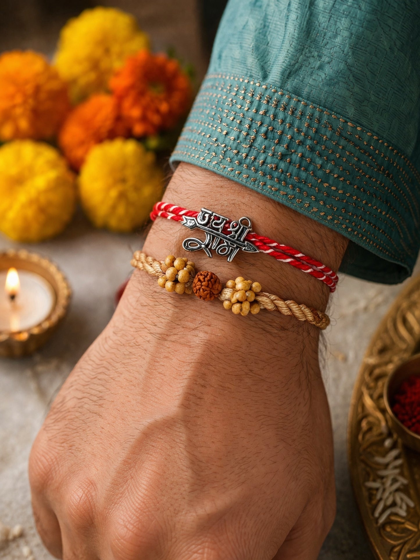 (Set of 2) Shree Ram Rudraksha Rakhi Bracelet Bro Gift