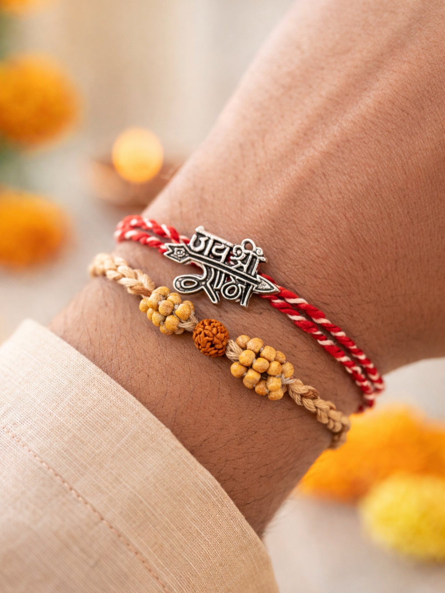(Set of 2) Shree Ram Rudraksha Rakhi Bracelet Bro Gift