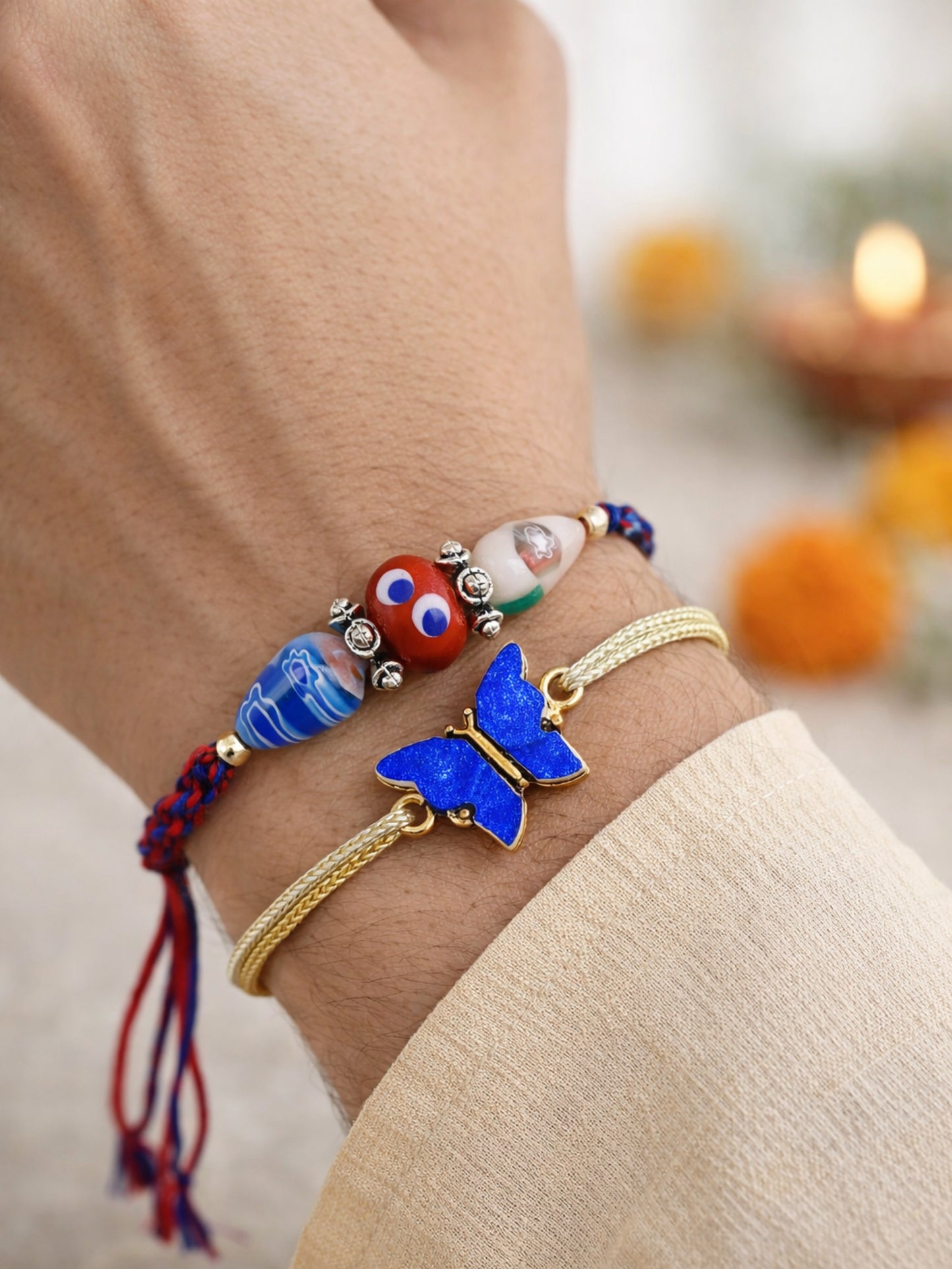 (Set of 2) Evil Eye Butterfly Charm Bracelet Rakhi Bhai Bro