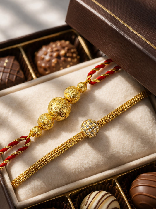 (Set of 2) Gold Beaded Rakhi Bracelet Bhai Bhaiya Bro
