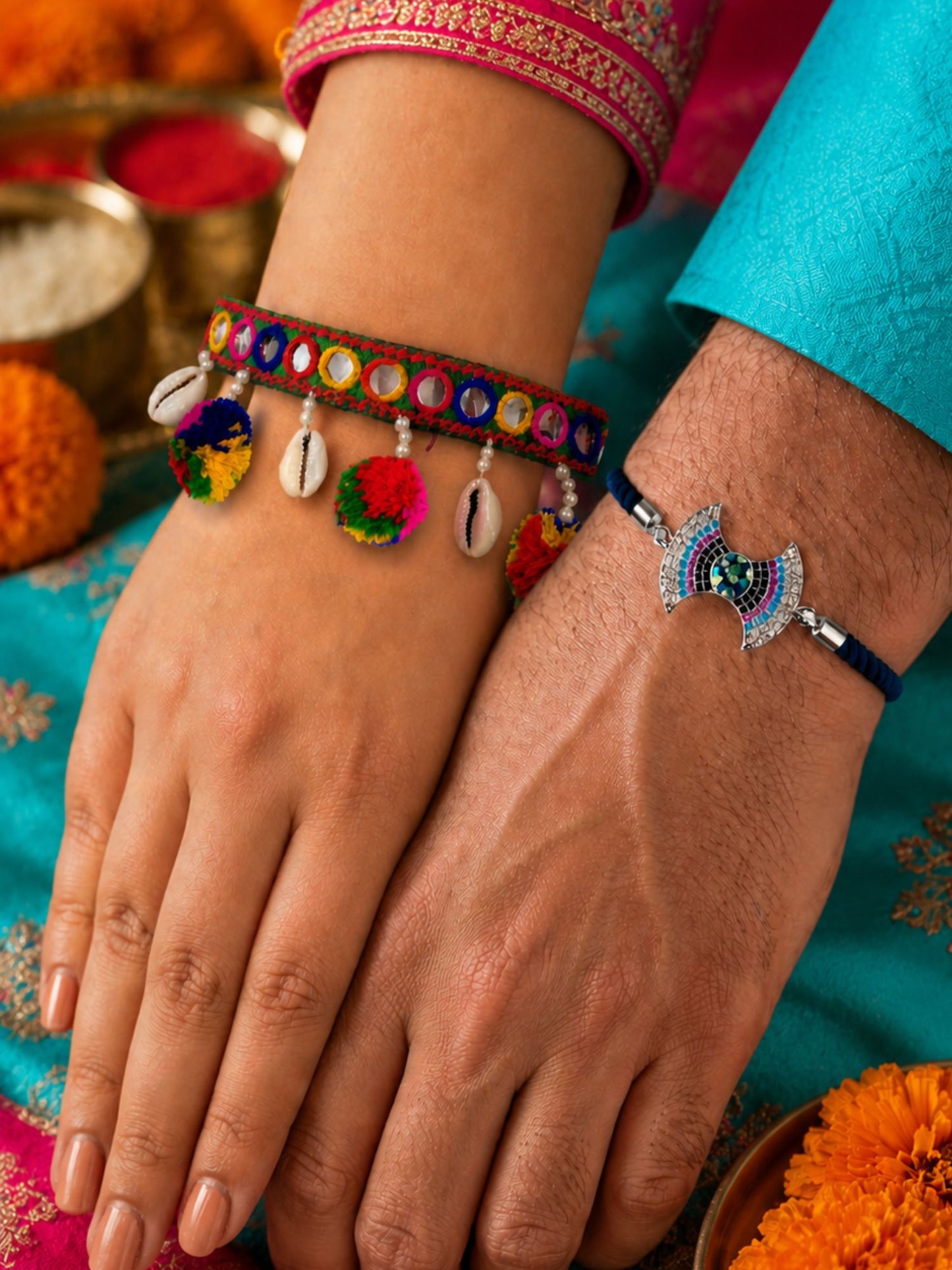(Set of 2) Mirror Pom Pom AD Bow Evil Eye Bracelet Rakhi For Bro