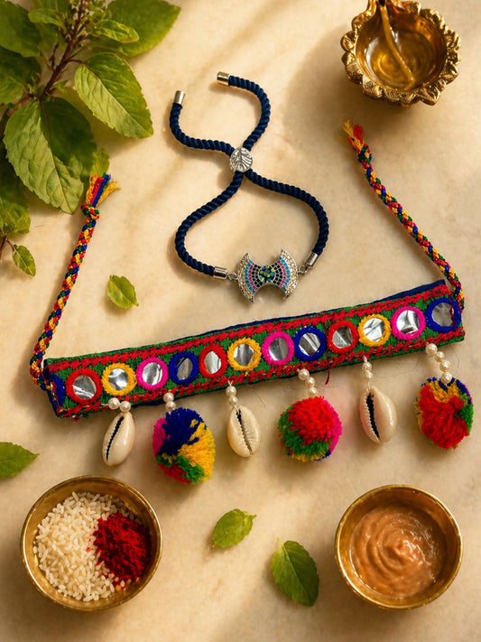 (Set of 2) Mirror Pom Pom AD Bow Evil Eye Bracelet Rakhi For Bro