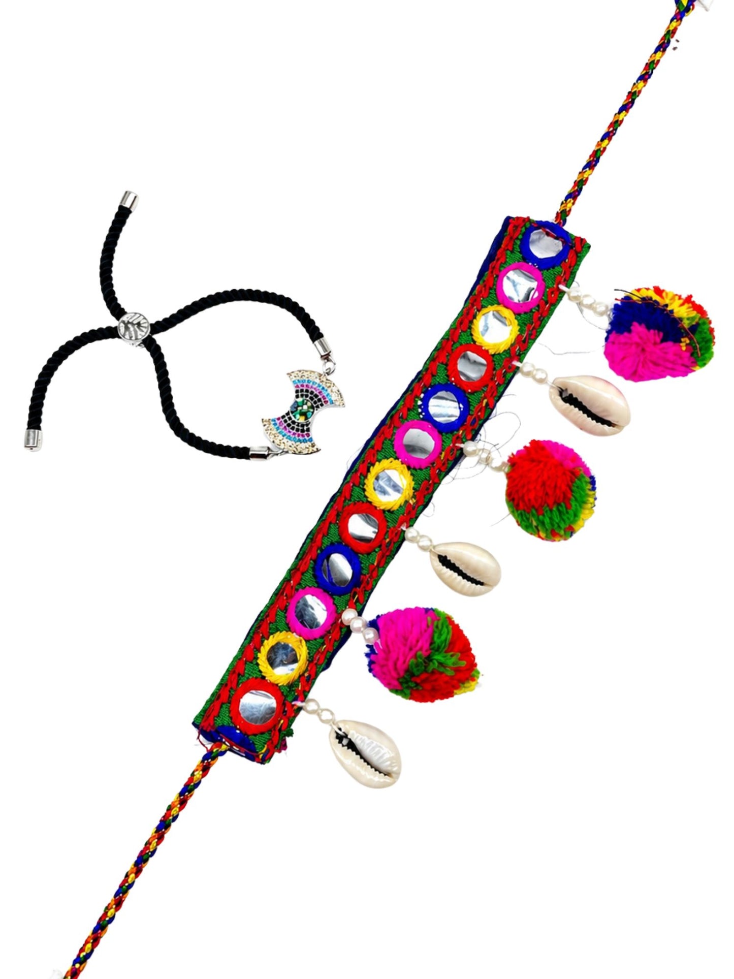 (Set of 2) Mirror Pom Pom AD Bow Evil Eye Bracelet Rakhi For Bro