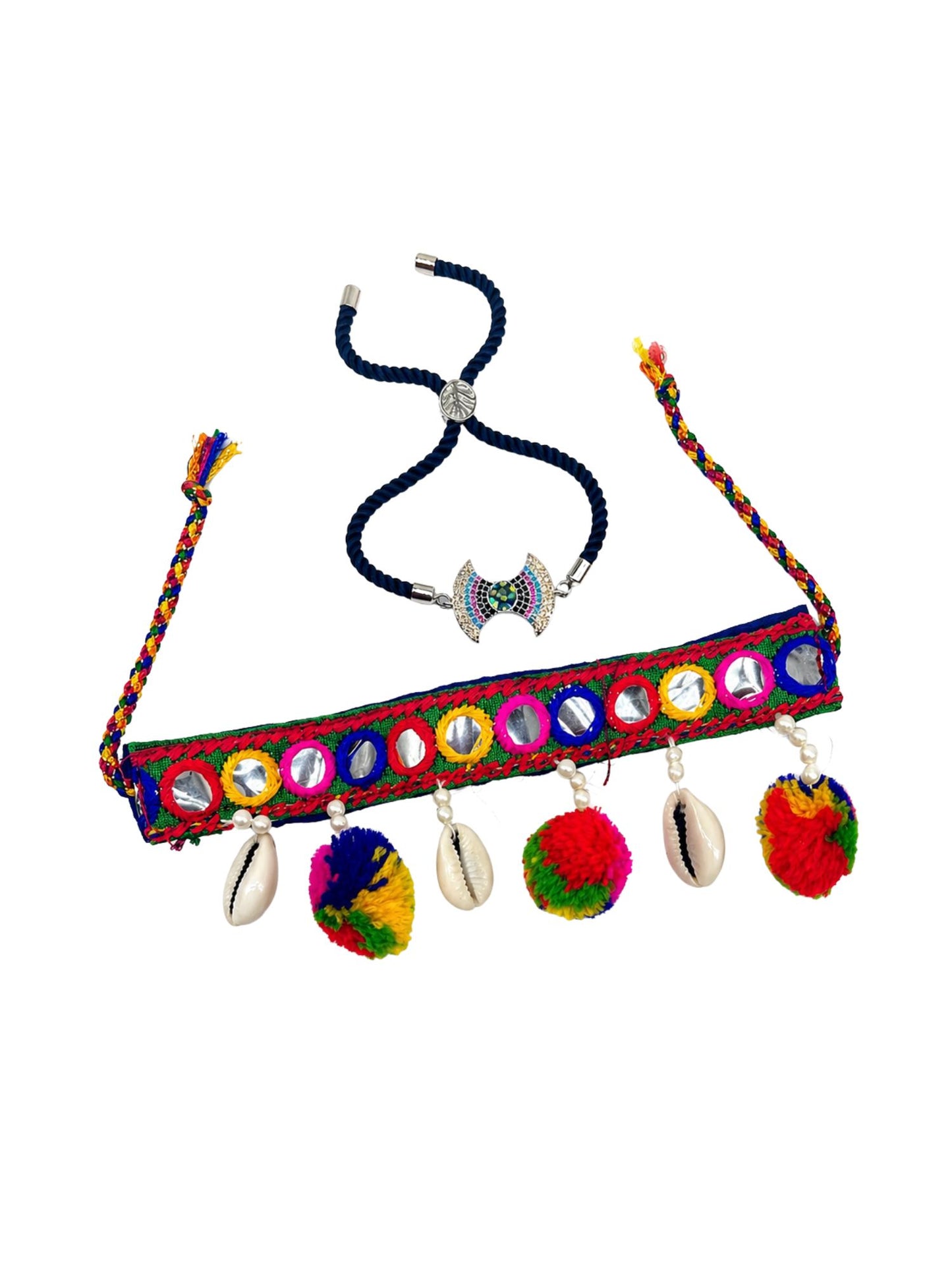 (Set of 2) Mirror Pom Pom AD Bow Evil Eye Bracelet Rakhi For Bro