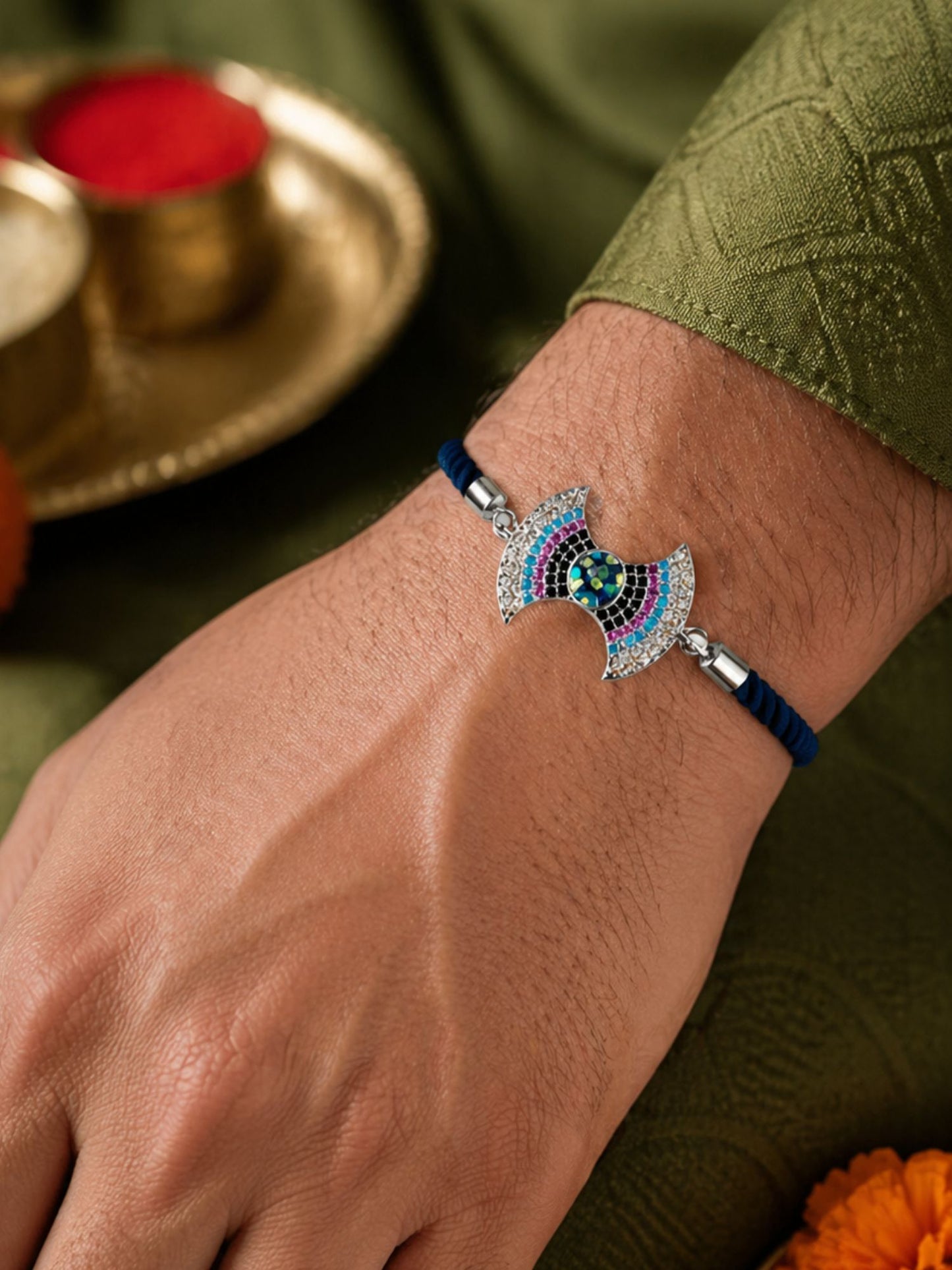 (Set of 2) Mirror Pom Pom AD Bow Evil Eye Bracelet Rakhi For Bro