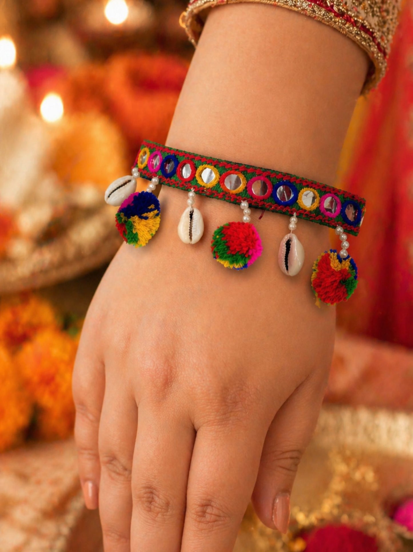 (Set of 2) Mirror Pom Pom AD Bow Evil Eye Bracelet Rakhi For Bro
