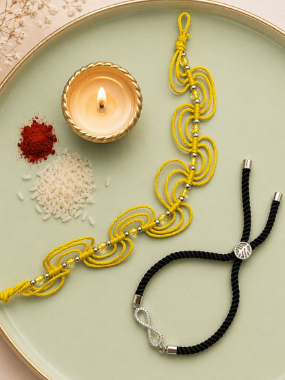 (Set of 2) Yellow Beaded Infinity Bracelet Rakhi For Bhai Bro