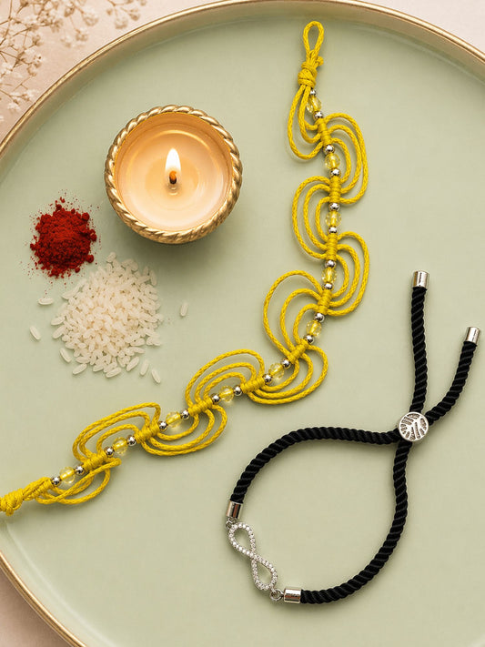(Set of 2) Yellow Beaded Infinity Bracelet Rakhi For Bhai Bro