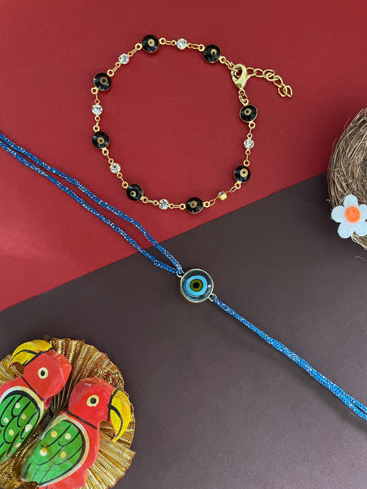 (Set of 2) Sky Blue/Black Evil Eye Charm Bracelet Rakhi Lumba