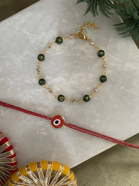 (Set of 2) Red/Green Evil Eye Charm Bracelet Rakhi Lumba